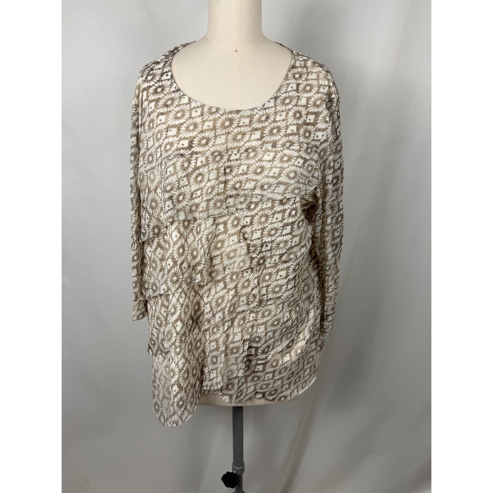 Chico's Size 3 Feminine Ruffle Geometric Tunic Top Brown White 3/4 Sleeve